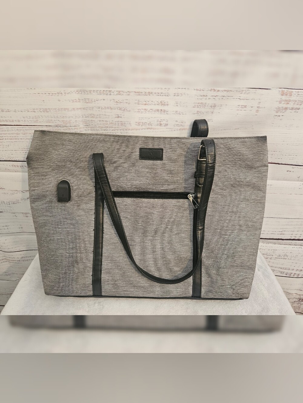 Gray Laptop Tote Bag with Black Trim and Strap